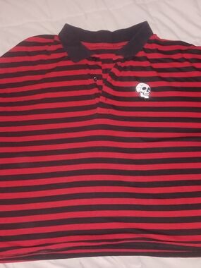 Hot Topic Red and Black Striped Short Sleeve Polo with Skull Patch